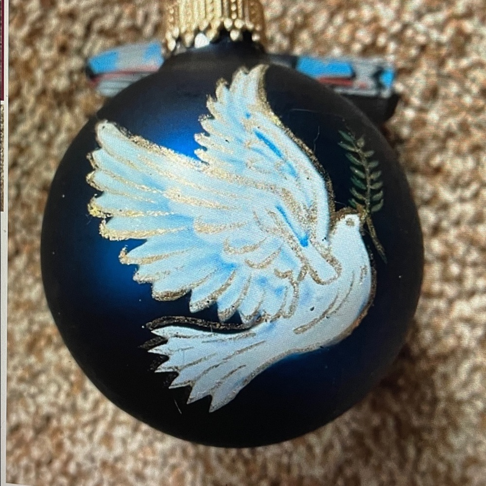 VTG Blue Glass KREBS CHRISTMAS ORNAMENT White Dove Bird 2"